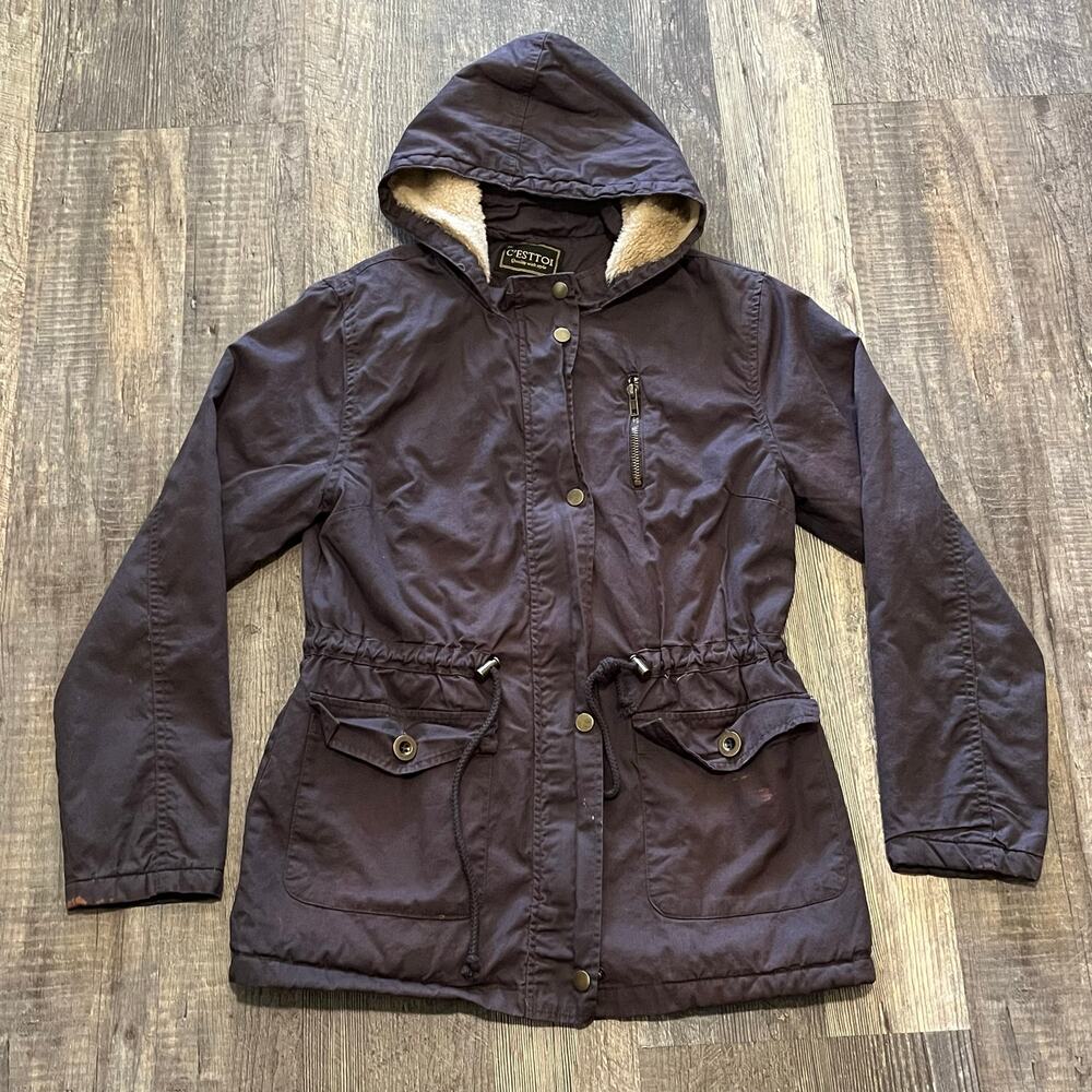 C'esttoi Women's Small Dark Plum Faux Fur Lined Hooded Jacket Utility